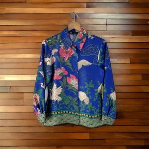 ZARA Blue Floral Crane Bird Print Button Down Shirt Blouse Size XL